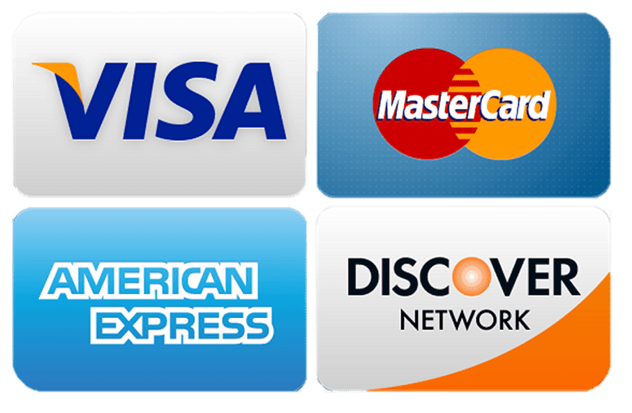Visa, Mastercard, American Express, and Discover accepted payment cards